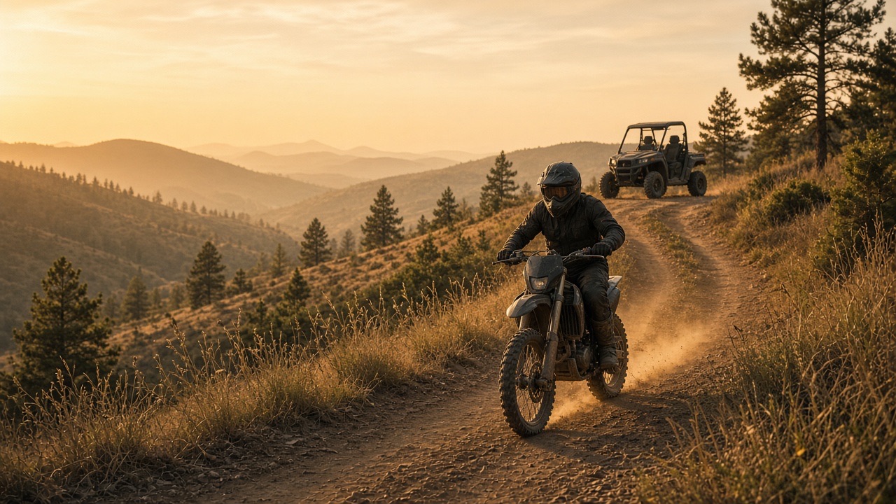 A rider on a dual-sport and a side-by-side on a late-summer trail