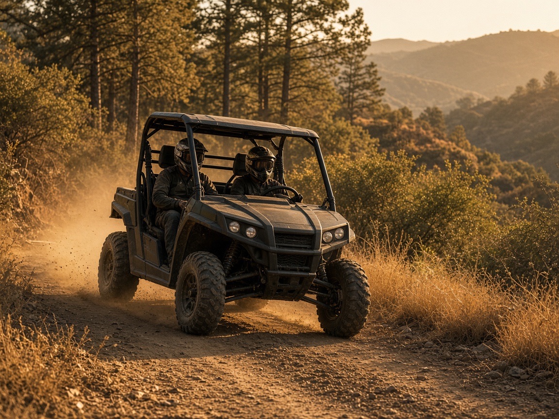A side-by-side on a dry late-summer trail